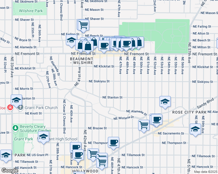 map of restaurants, bars, coffee shops, grocery stores, and more near 2947 Northeast 46th Avenue in Portland
