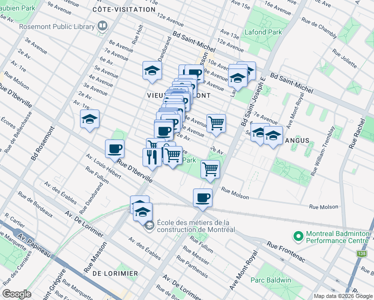 map of restaurants, bars, coffee shops, grocery stores, and more near 5265 Avenue 1re in Montréal