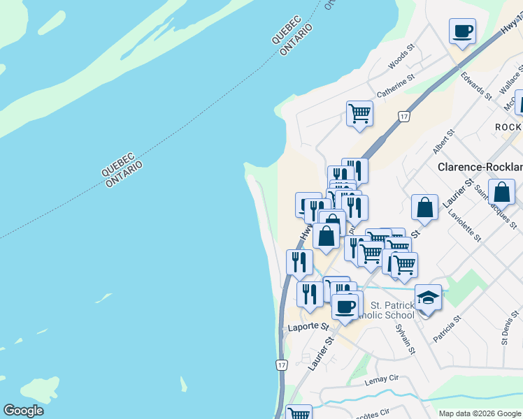 map of restaurants, bars, coffee shops, grocery stores, and more near 210 Voisine Road in Clarence-Rockland