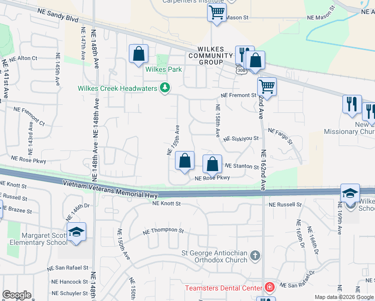 map of restaurants, bars, coffee shops, grocery stores, and more near 3011 Northeast 156th Avenue in Portland