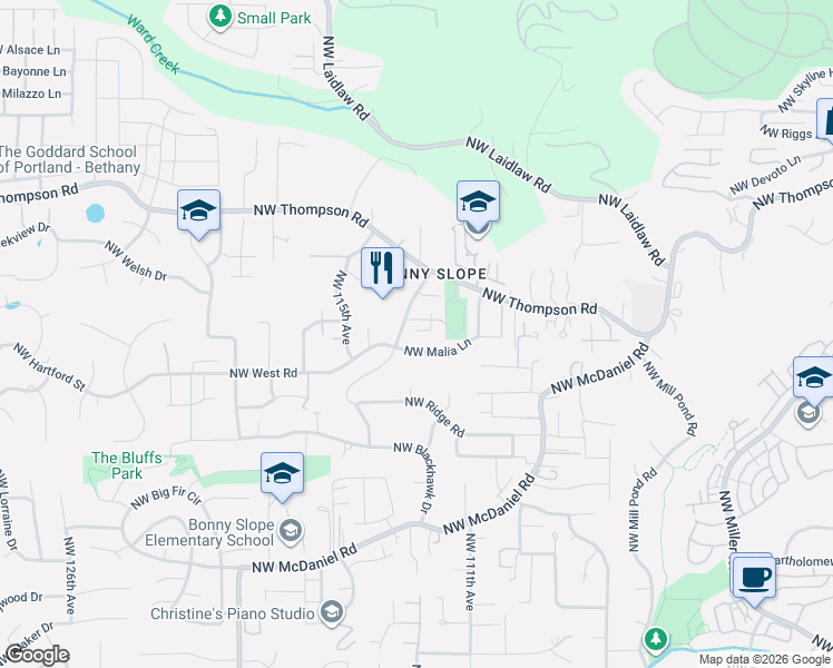 map of restaurants, bars, coffee shops, grocery stores, and more near 3499 NW 112th Pl in Portland