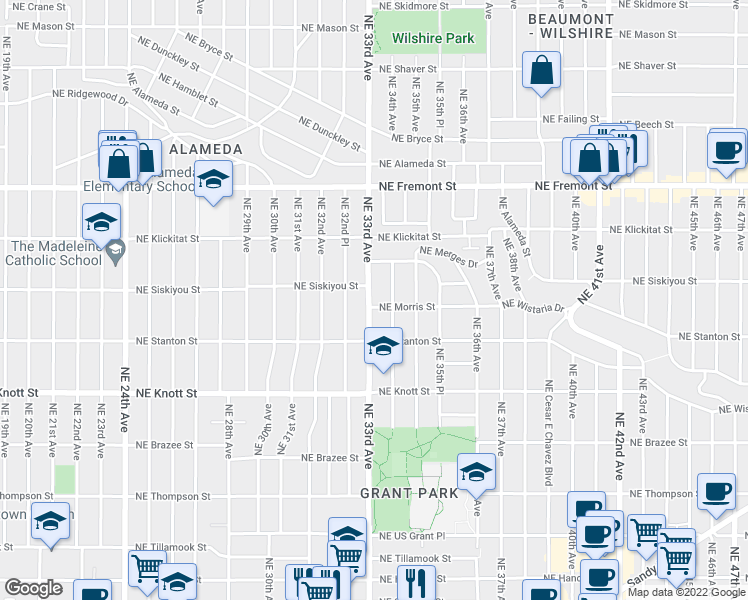 map of restaurants, bars, coffee shops, grocery stores, and more near 3003 Northeast 33rd Avenue in Portland
