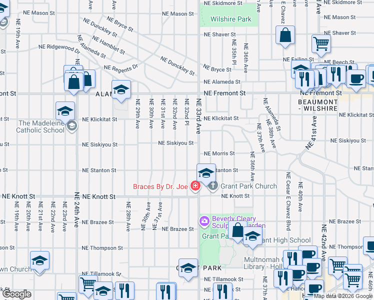 map of restaurants, bars, coffee shops, grocery stores, and more near 3003 Northeast 33rd Avenue in Portland