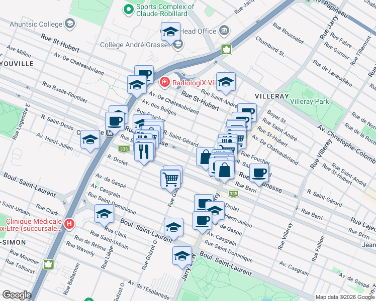 map of restaurants, bars, coffee shops, grocery stores, and more near 8305 Rue Lajeunesse in Montréal