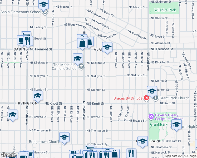 map of restaurants, bars, coffee shops, grocery stores, and more near 3030 Northeast 26th Avenue in Portland