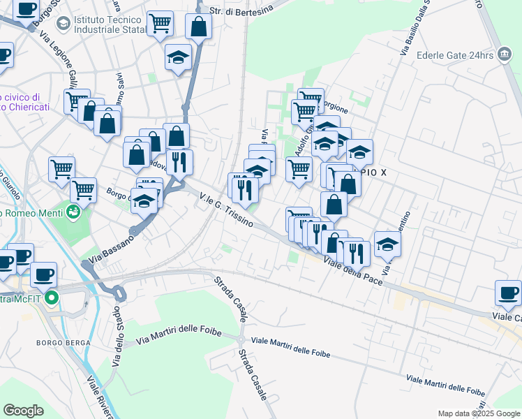 map of restaurants, bars, coffee shops, grocery stores, and more near 52 Via Paolo Calvi in Vicenza