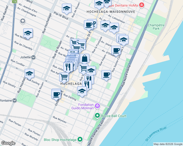 map of restaurants, bars, coffee shops, grocery stores, and more near 1645 Rue de Chambly in Montréal