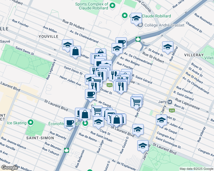 map of restaurants, bars, coffee shops, grocery stores, and more near 8656 Rue Saint-Denis in Montréal