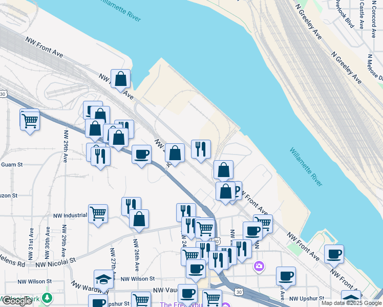 map of restaurants, bars, coffee shops, grocery stores, and more near 3125 Northwest Front Avenue in Portland