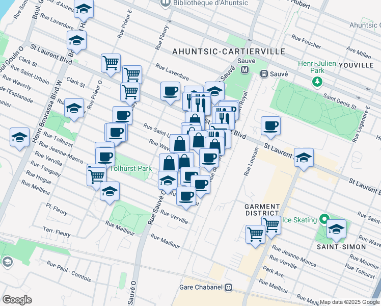 map of restaurants, bars, coffee shops, grocery stores, and more near in Montreal