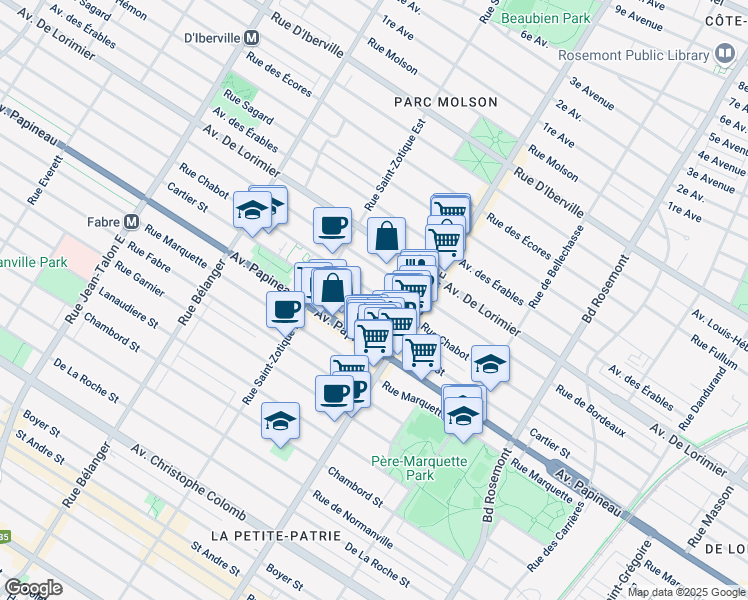 map of restaurants, bars, coffee shops, grocery stores, and more near 6602 Rue Chabot in Montréal