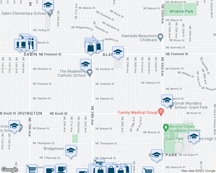 map of restaurants, bars, coffee shops, grocery stores, and more near 3030 Northeast 26th Avenue in Portland