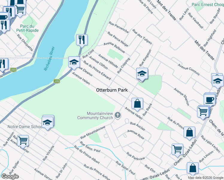 map of restaurants, bars, coffee shops, grocery stores, and more near in Otterburn Park