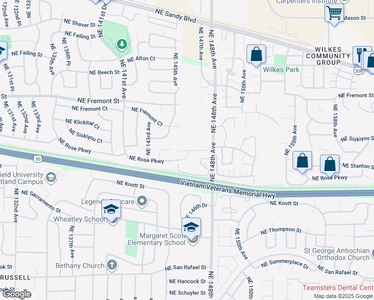 map of restaurants, bars, coffee shops, grocery stores, and more near 14615 Northeast Rose Parkway in Portland