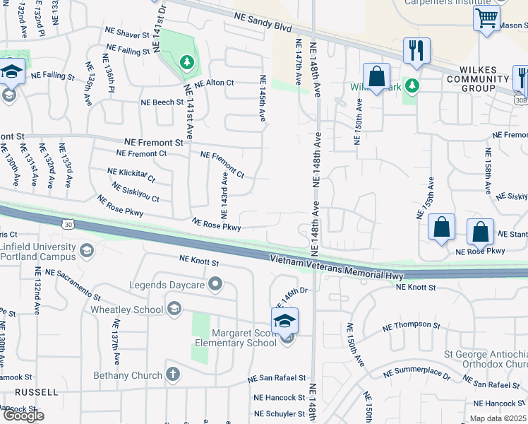 map of restaurants, bars, coffee shops, grocery stores, and more near 14427 Northeast Rose Parkway in Portland