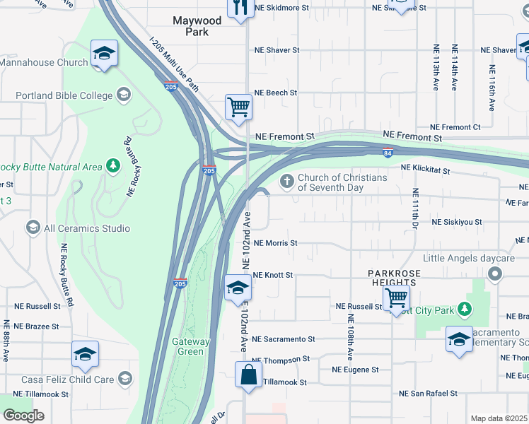 map of restaurants, bars, coffee shops, grocery stores, and more near 3102 Northeast 102nd Avenue in Portland