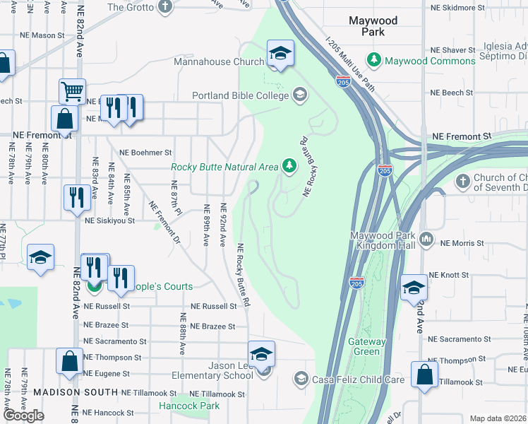 map of restaurants, bars, coffee shops, grocery stores, and more near 2823 Northeast Rocky Butte Road in Portland