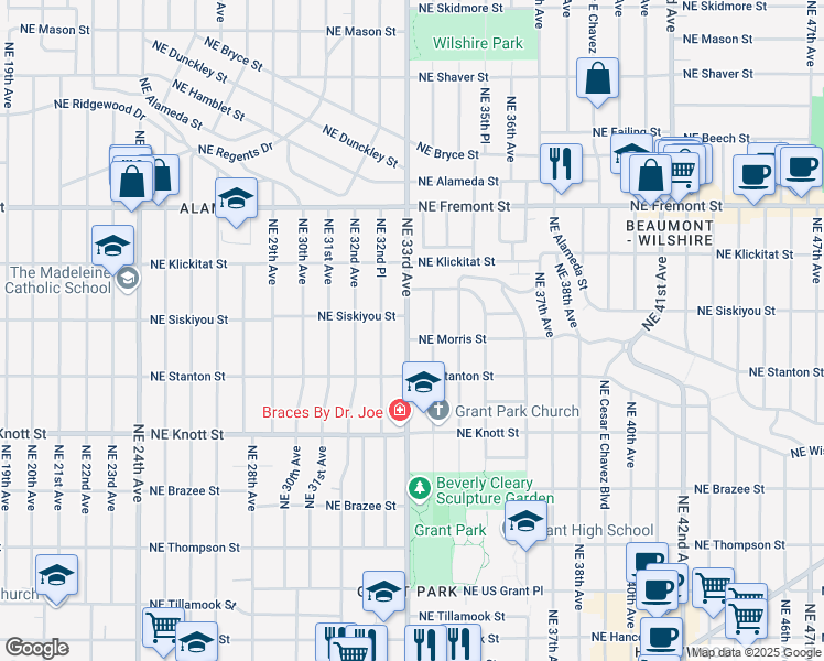 map of restaurants, bars, coffee shops, grocery stores, and more near 3003 Northeast 33rd Avenue in Portland