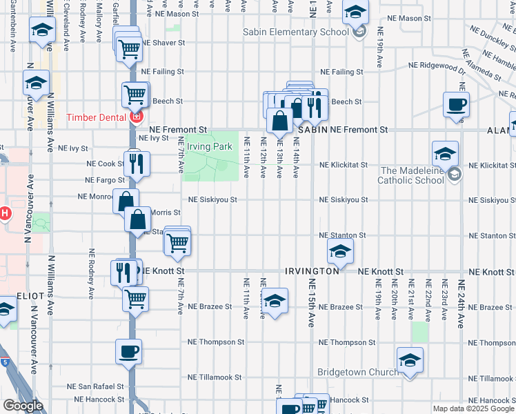 map of restaurants, bars, coffee shops, grocery stores, and more near 3007 Northeast 12th Avenue in Portland
