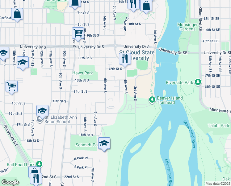 map of restaurants, bars, coffee shops, grocery stores, and more near 520 14th Street South in St. Cloud