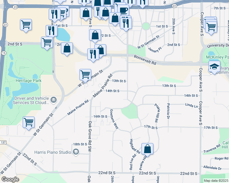 map of restaurants, bars, coffee shops, grocery stores, and more near 2600 14th Street South in St. Cloud