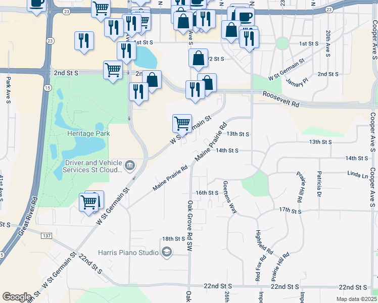 map of restaurants, bars, coffee shops, grocery stores, and more near 2923 Maine Prairie Road in St. Cloud