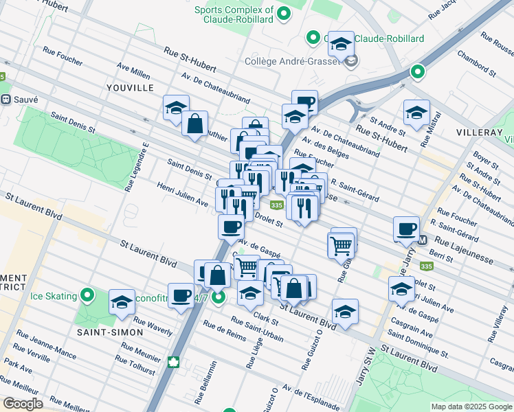map of restaurants, bars, coffee shops, grocery stores, and more near in Montreal