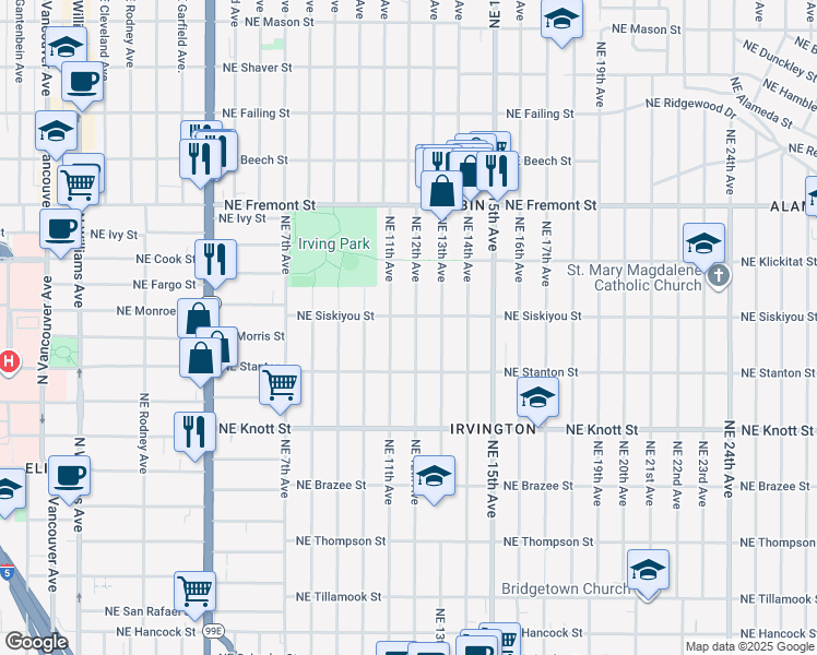 map of restaurants, bars, coffee shops, grocery stores, and more near 3033 Northeast 12th Avenue in Portland