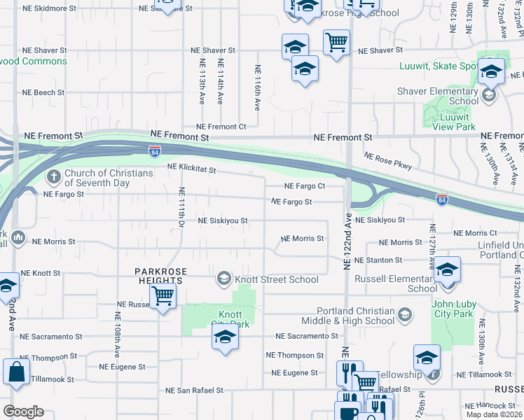 map of restaurants, bars, coffee shops, grocery stores, and more near 3163 Northeast 117th Avenue in Portland