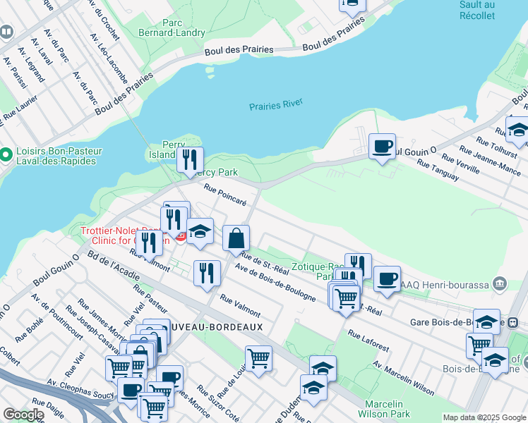 map of restaurants, bars, coffee shops, grocery stores, and more near 11981 Rue Poincaré in Montreal
