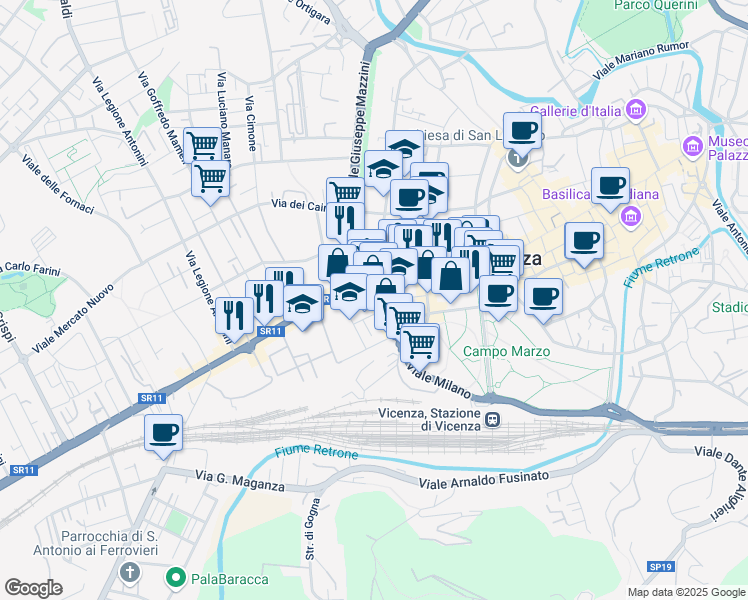 map of restaurants, bars, coffee shops, grocery stores, and more near 167 Corso Strada Statale Felice Fortunato in Vicenza