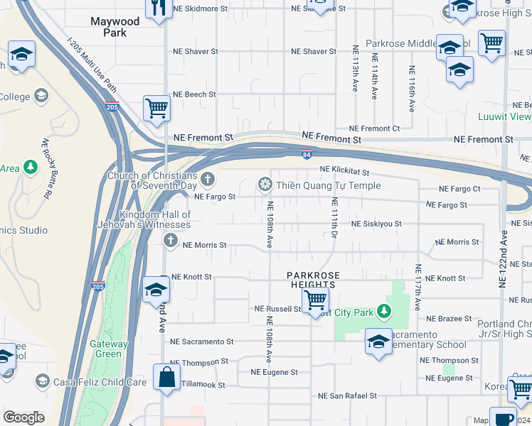 map of restaurants, bars, coffee shops, grocery stores, and more near 3105 Northeast 108th Avenue in Portland