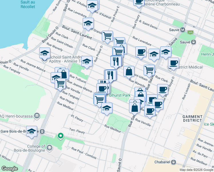 map of restaurants, bars, coffee shops, grocery stores, and more near 241 Rue Fleury Ouest in Montréal