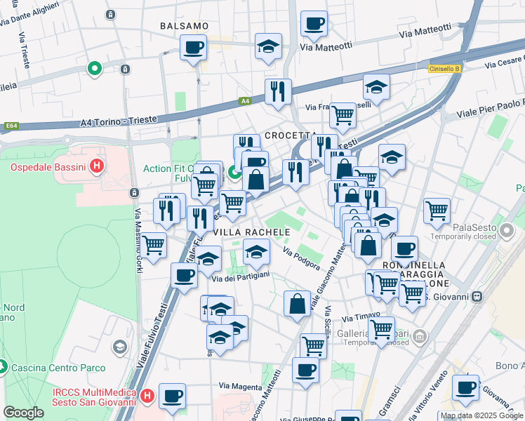 map of restaurants, bars, coffee shops, grocery stores, and more near 1 Via Monte Sabotino in Cinisello Balsamo