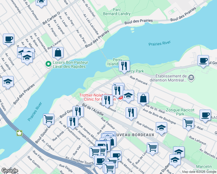 map of restaurants, bars, coffee shops, grocery stores, and more near 12235 Rue de Saint-Réal in Montréal