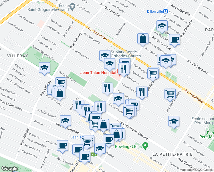 map of restaurants, bars, coffee shops, grocery stores, and more near 7226 Rue Chambord in Montréal