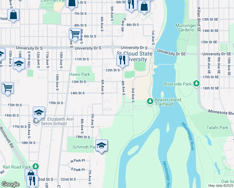 map of restaurants, bars, coffee shops, grocery stores, and more near 1419 5th Avenue South in St. Cloud