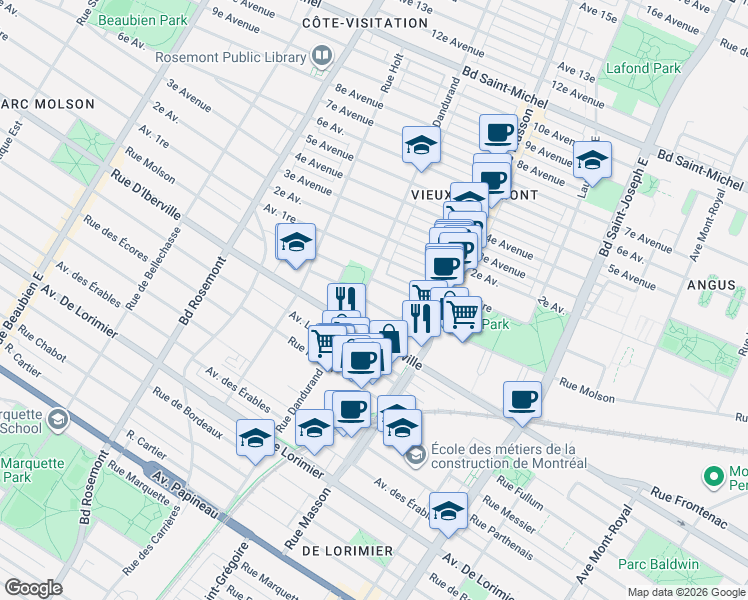 map of restaurants, bars, coffee shops, grocery stores, and more near 5593 Place Basile Patenaude in Montréal