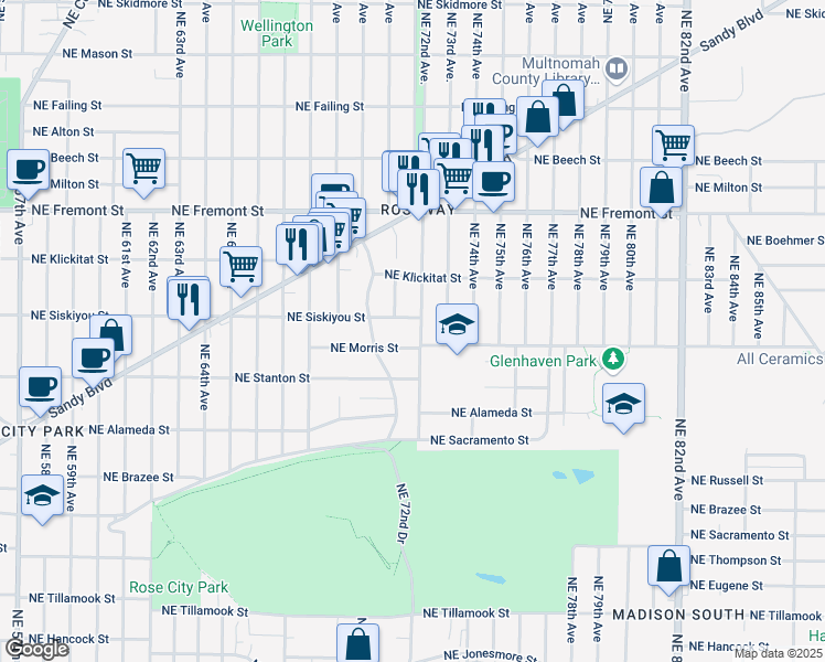 map of restaurants, bars, coffee shops, grocery stores, and more near 3003 Northeast 72nd Avenue in Portland