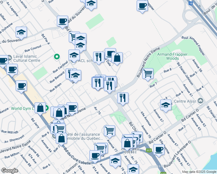 map of restaurants, bars, coffee shops, grocery stores, and more near 865 Boulevard Chomedey in Laval