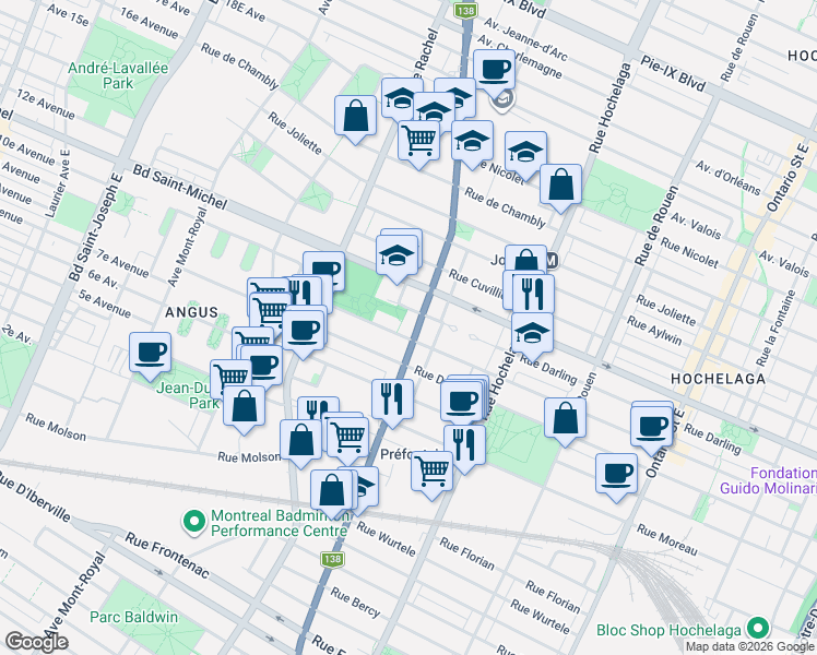 map of restaurants, bars, coffee shops, grocery stores, and more near 3275 Rue Sherbrooke Est in Montréal
