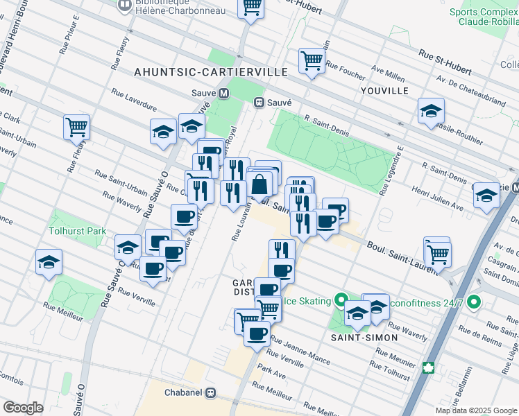 map of restaurants, bars, coffee shops, grocery stores, and more near in Montreal
