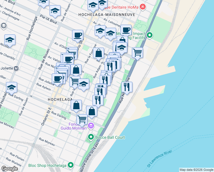 map of restaurants, bars, coffee shops, grocery stores, and more near 3751 Rue Sainte-Catherine Est in Montréal