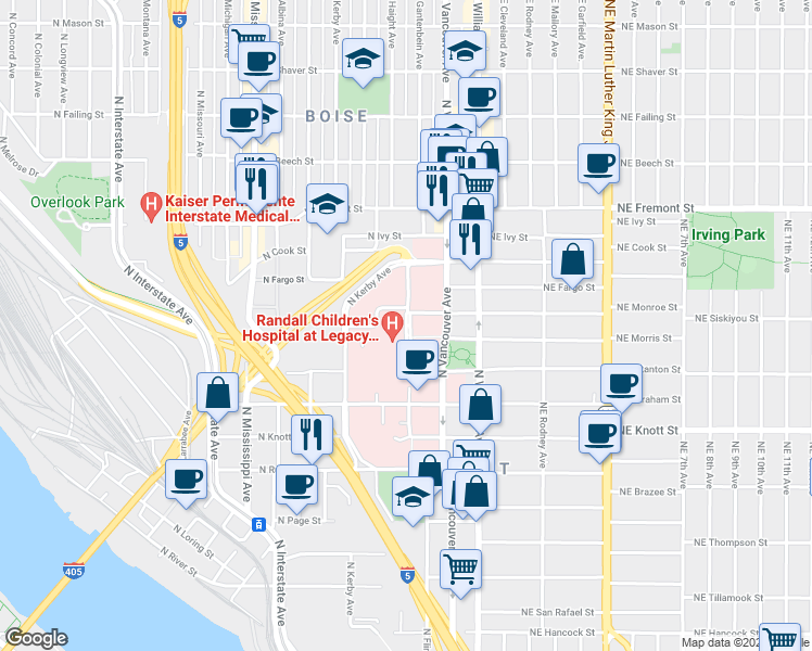 map of restaurants, bars, coffee shops, grocery stores, and more near 3059 North Gantenbein Avenue in Portland