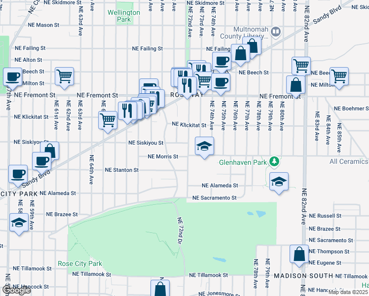 map of restaurants, bars, coffee shops, grocery stores, and more near 3003 Northeast 72nd Avenue in Portland