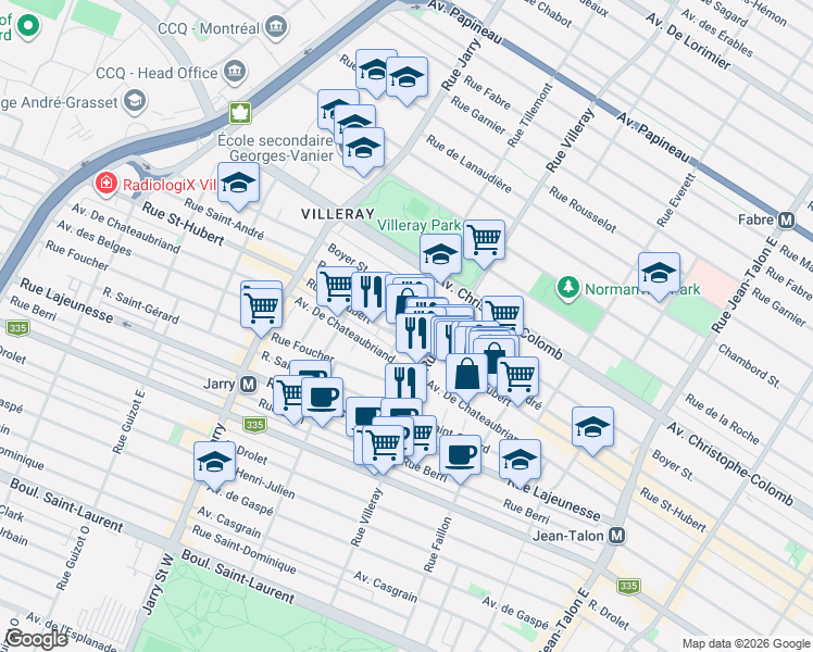 map of restaurants, bars, coffee shops, grocery stores, and more near 7770 Rue Saint-André in Montréal
