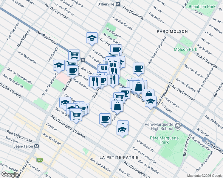 map of restaurants, bars, coffee shops, grocery stores, and more near 6840 Rue Marquette in Montréal