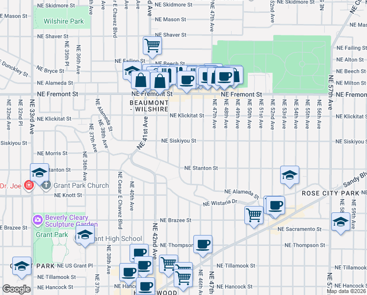 map of restaurants, bars, coffee shops, grocery stores, and more near 3024 Northeast 44th Avenue in Portland