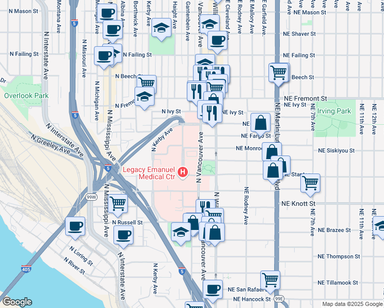 map of restaurants, bars, coffee shops, grocery stores, and more near 2935 North Vancouver Avenue in Portland