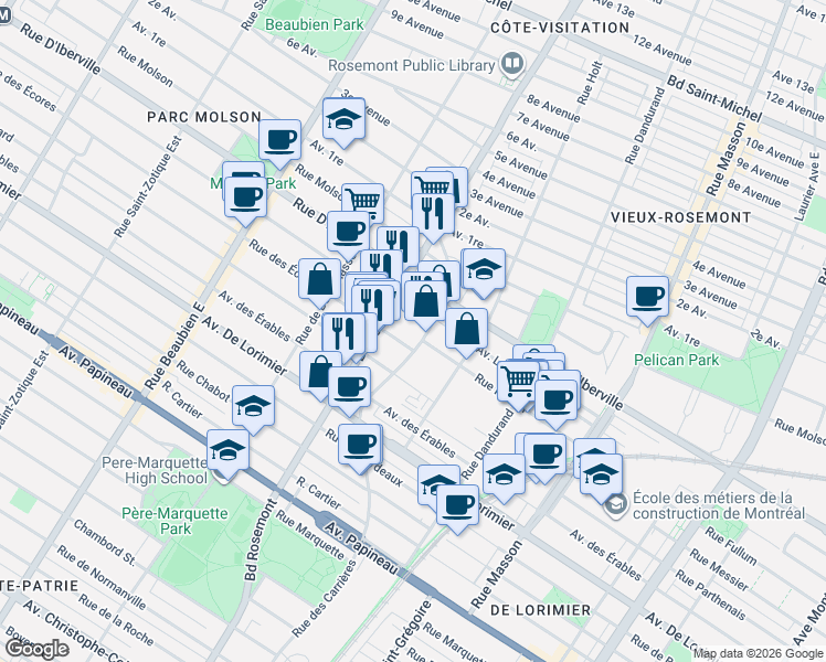 map of restaurants, bars, coffee shops, grocery stores, and more near 2365 Rue des Carrières in Montréal